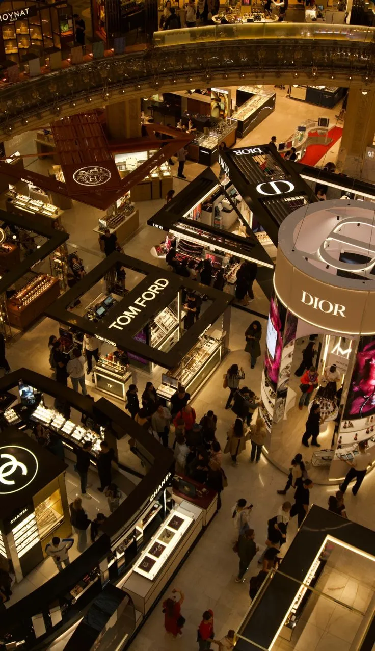 A busy perfume and cosmetics hall seen from above with brand counters