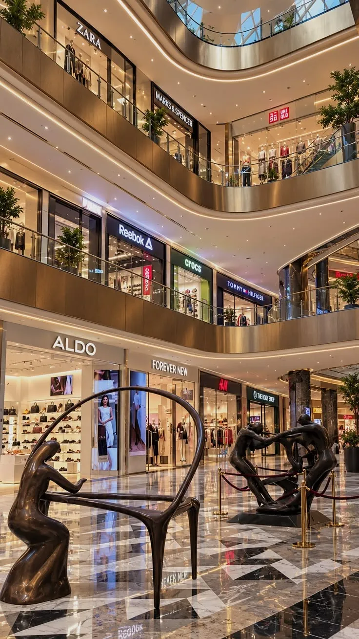Fashion and footwear stores around a mall atrium with bronze sculptures