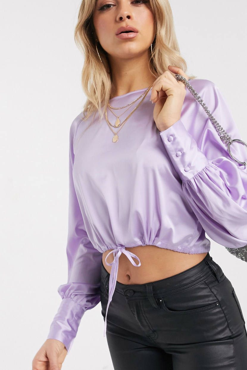 Satin round neck top with adjustable lace at the waist in lilac NA-KD