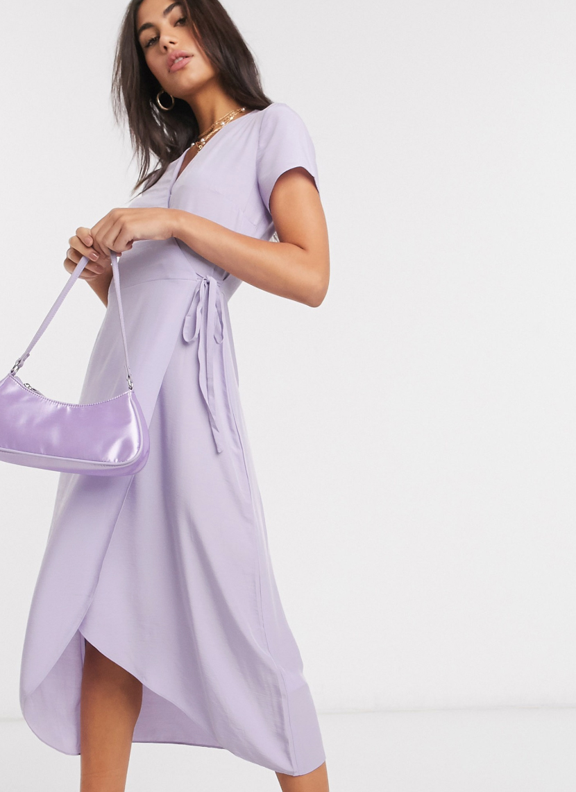 Midi dress with lilac crossover design from Warehouse