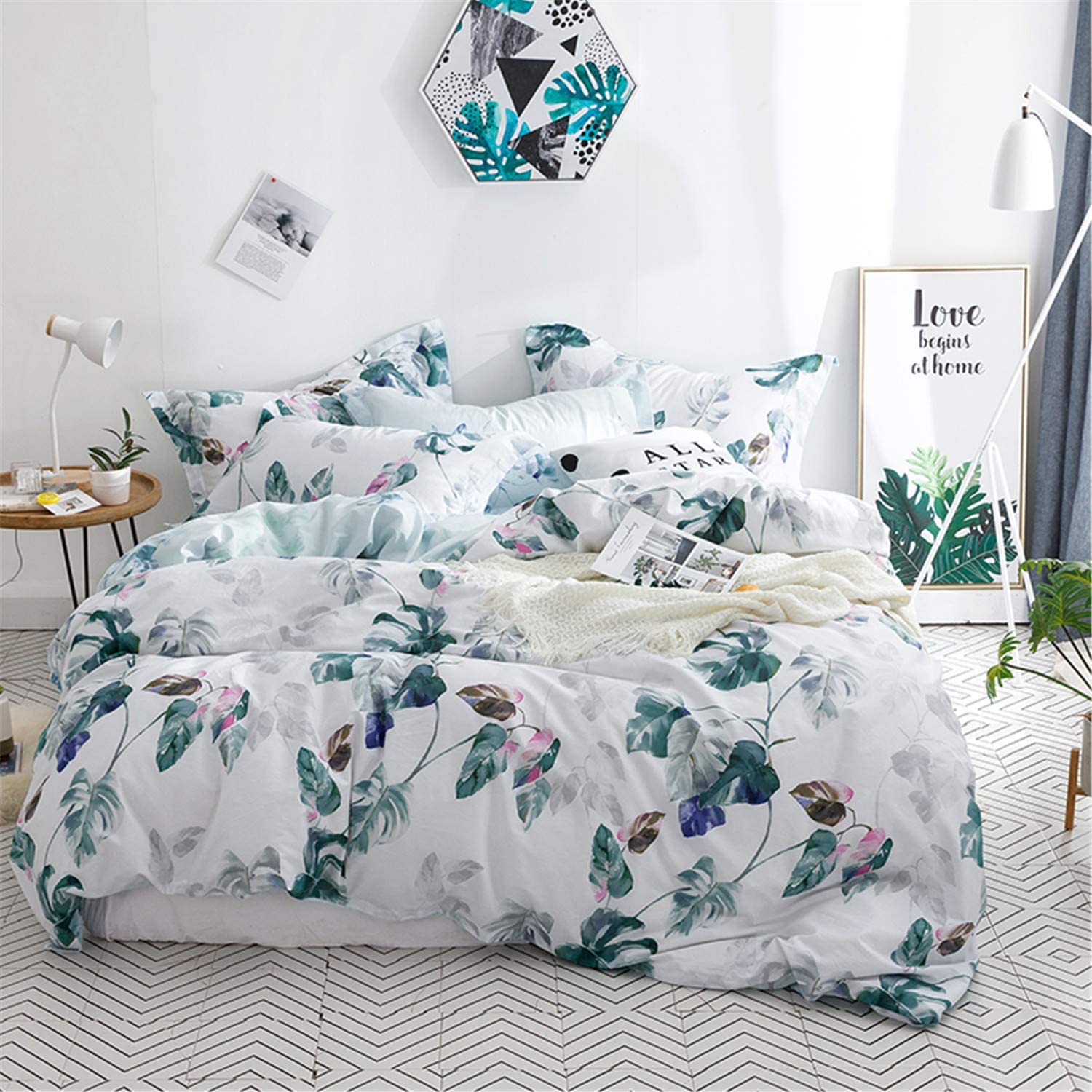 WONGS BEDDING Floral Cotton Botanical Cover Aqua Cotton Botanical Cover Printed with Zipper, Soft Cotton Bedding (3 pieces, 220x240 cm)