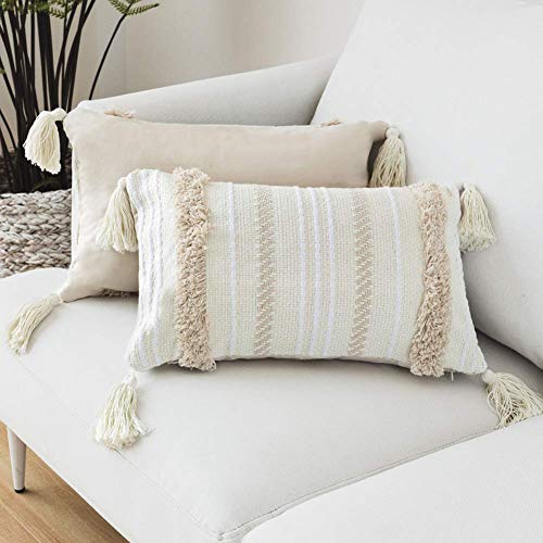 LOMOHOO - Modern Pillowcase, geometric design with tassels and beige fabric, cotton, beige, 30cmx50cm