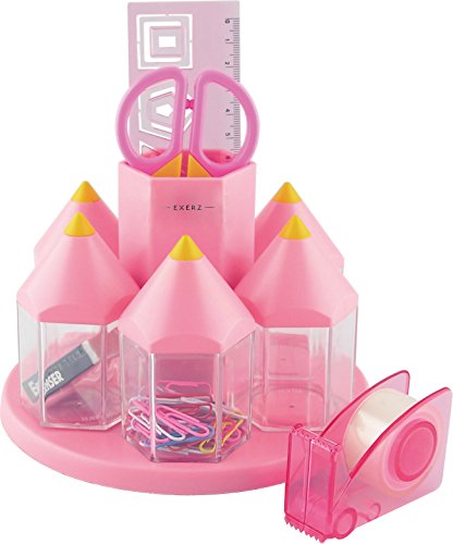 EXERZ EX058 O-Life Rotating Desk Organizer, Pencil Holder Set with 5 Accessory Boxes - Multicolor - Equipped with Safety Scissors (NOT sharp), Ruler, Tape Dispenser, Eraser, Clips (Pink)