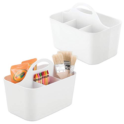 mDesign Set of 2 plastic organizer boxes - For use as a sewing kit, pencil holder or for storing craft supplies - 4-division portable desktop organizer - white