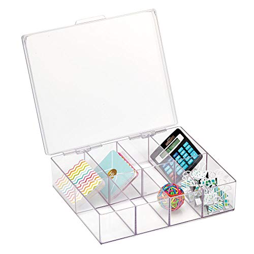 mDesign Practical square divider box for office supplies and stationery - Pencil and accessory storage box - Desk organizer with 8 compartments - transparent