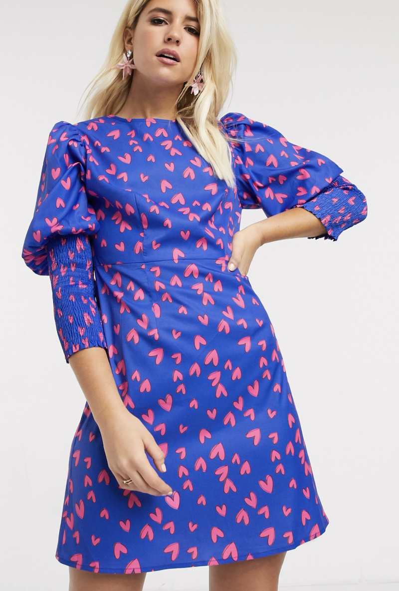 Short flared sleeve dress in blue heart print by Never Fully Dressed