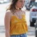 Celebrity Ana de Armas walks her dog with a springtime look