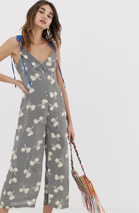 Long Fine Contrast Strap Overall With Abstract Lost Ink Floral Design