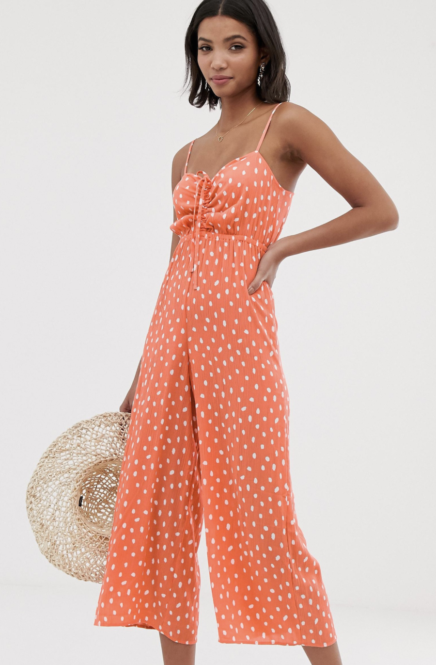 Long strap suit with bra detail with pleats and polka-dot pattern by ASOS DESIGN