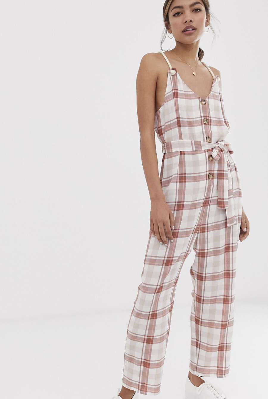 Casual long checked jumpsuit with lace straps and buttons on the front of ASOS DESIGN