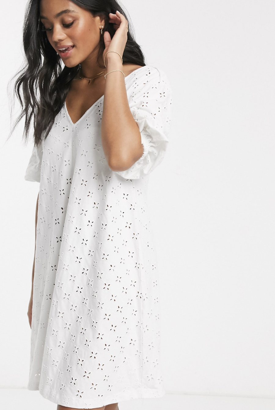 Short dress with flounce, v-neck, puffed sleeves and white embroidery by ASOS DESIGN