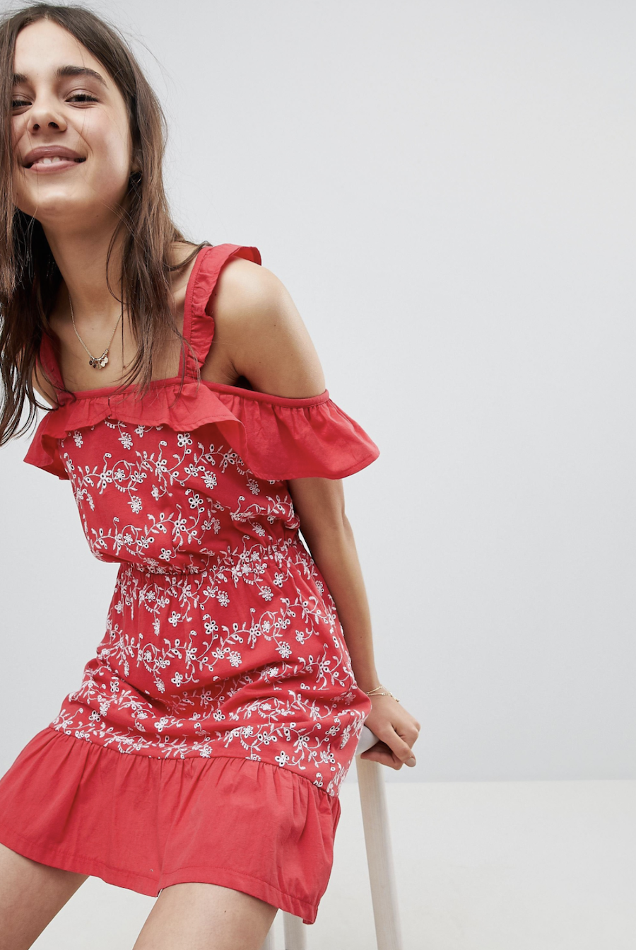 Beach dress with embroidery and bare shoulders with flounces by ASOS DESIGN