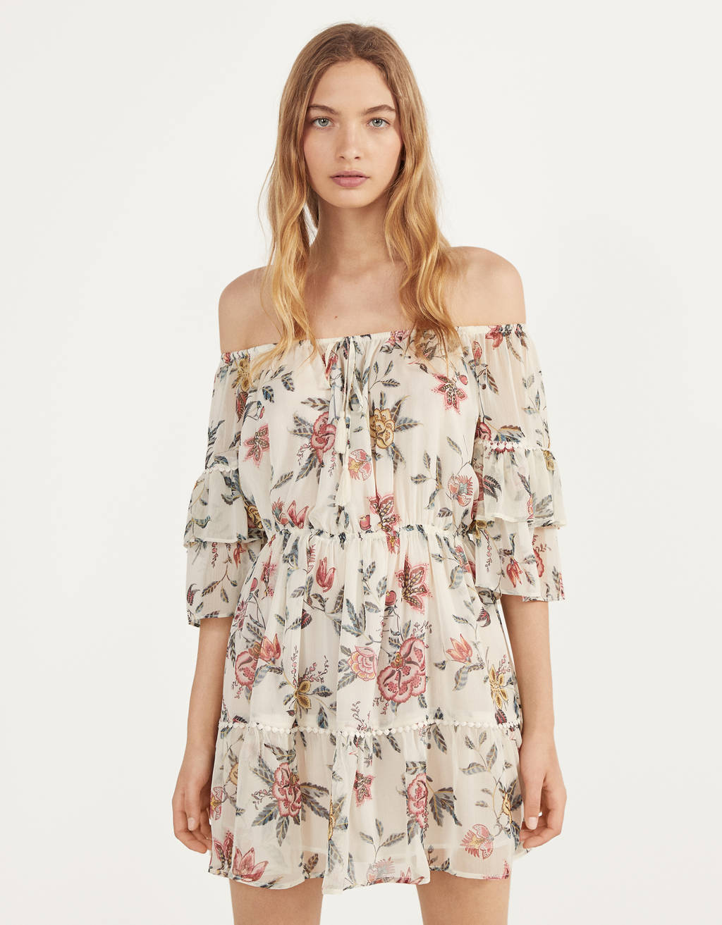 Flower dress with bardot neckline