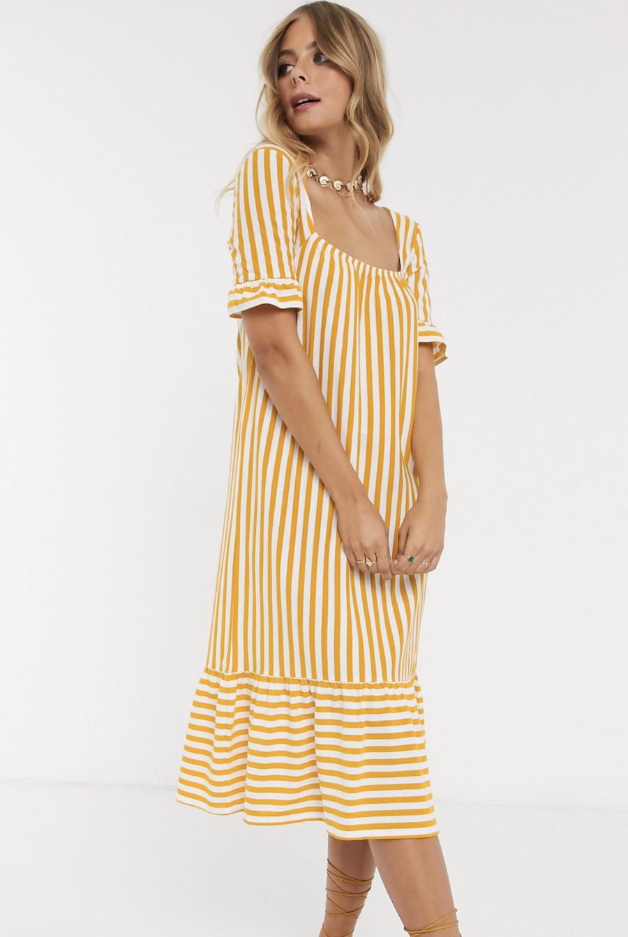 Yellow striped midi dress with square neckline, ruffle on the sleeve and overskirt at the bottom of ASOS DESIGN