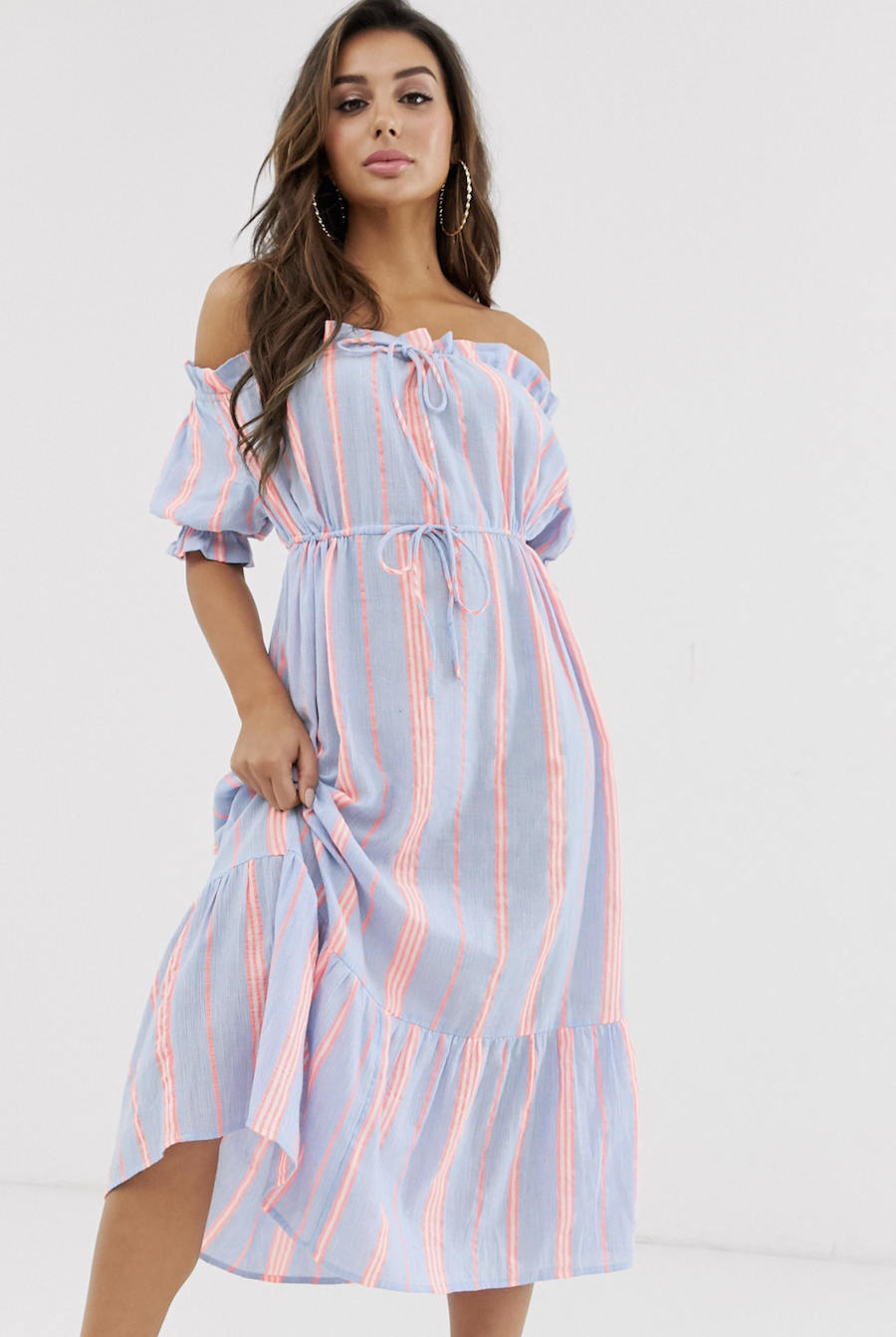 Long layered beach dress with Bardot neckline and neon flash stripes by ASOS DESIGN