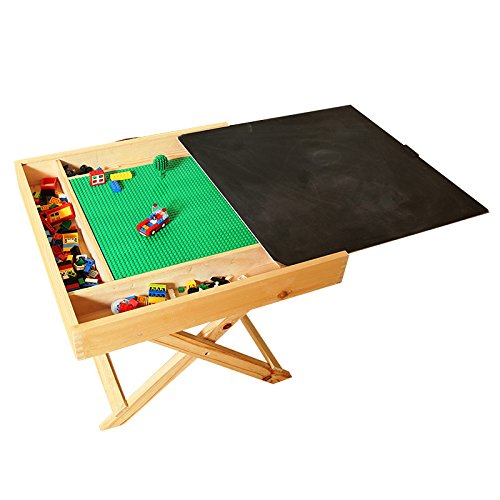 LEGO-compatible, multi-activity, portable, folding, square, wooden hot-wing table with blackboard and storage, for children and infants