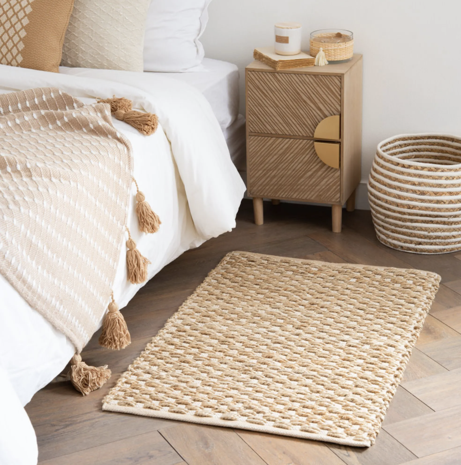 Beige and ecru braided cotton and jute carpet 60x90