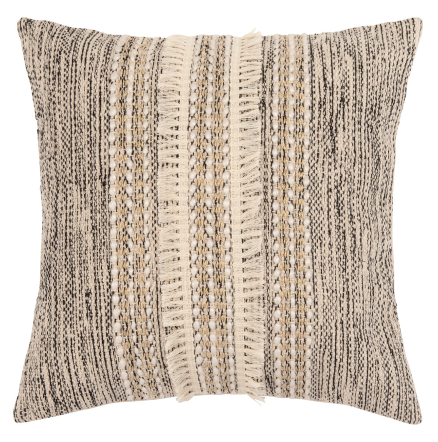 Ecru, gold and black cotton cushion cover with fringes 40x40