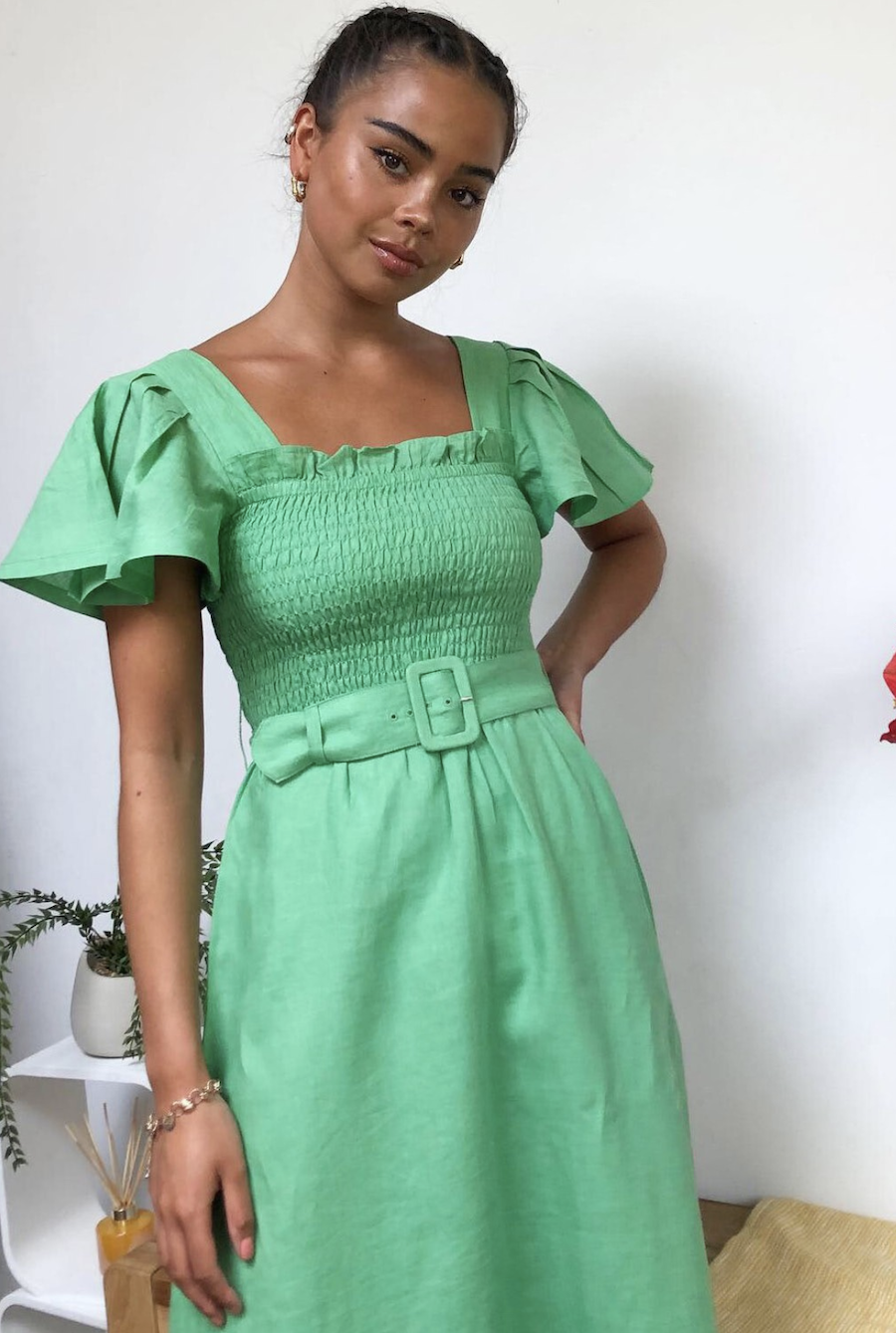 Green linen midi dress with square neckline and belt from & Other Stories