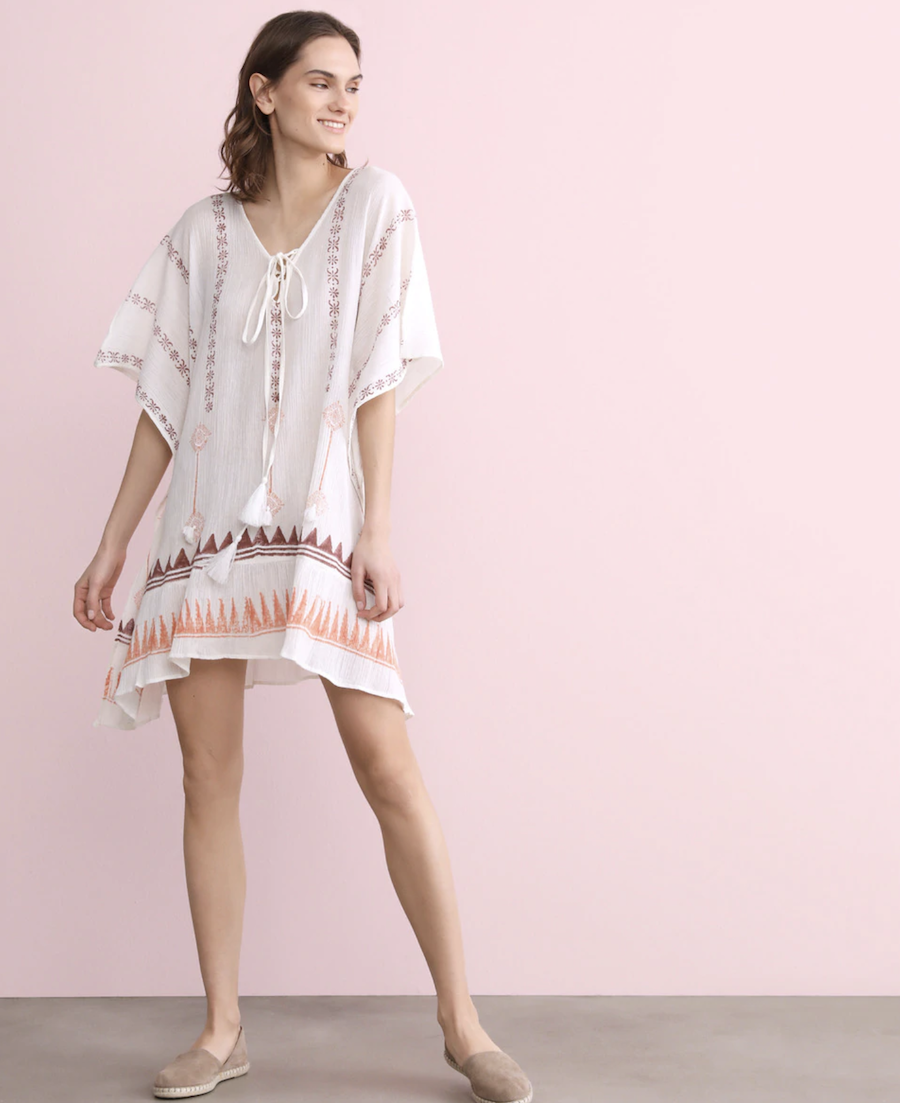 Southern Cotton White Caftan with Ethnic Print