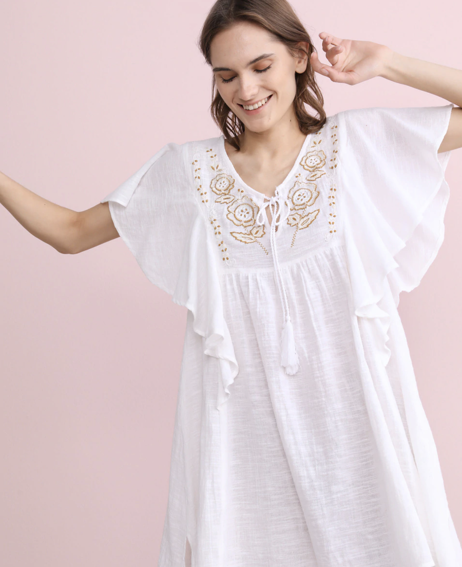 Southern Cotton Caftan in white with embroidery