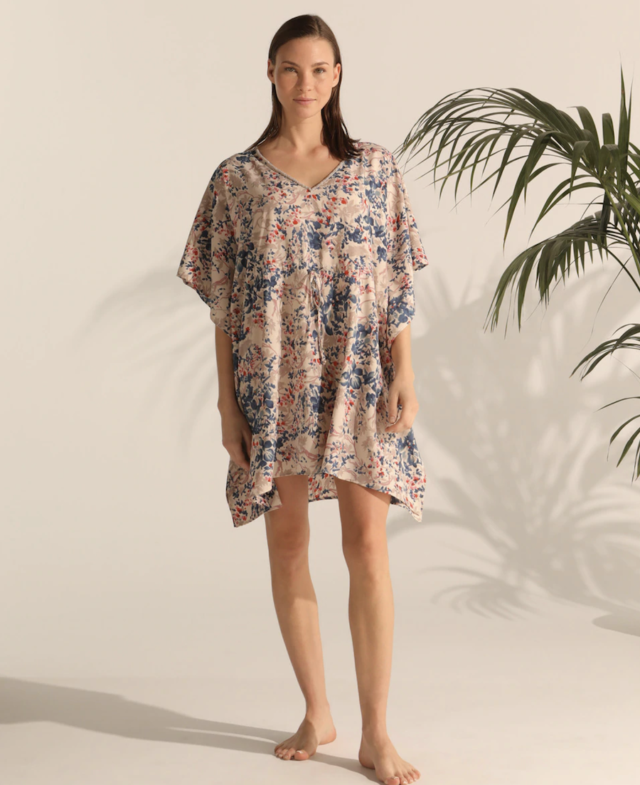 El Corte Inglés caftan with tricolor floral print in taupe, blue and red