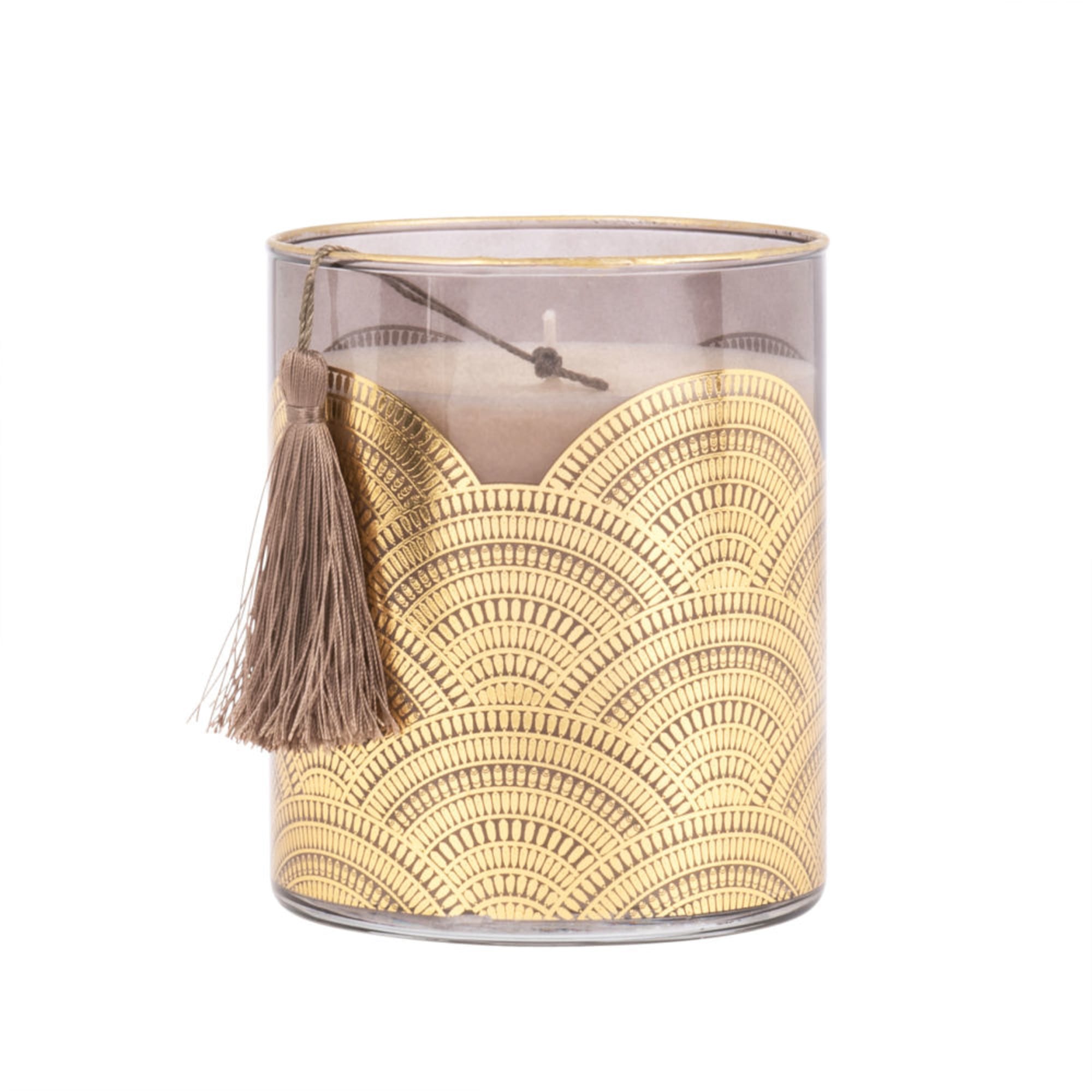 Scented candle in a tinted glass jar with gold decorative motifs