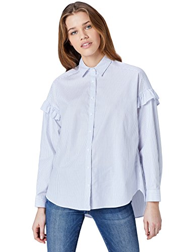 Amazon brand - find. Women's Oversize Striped Blouse with Frills on Sleeve, Blue (Blau), 42, Label: L