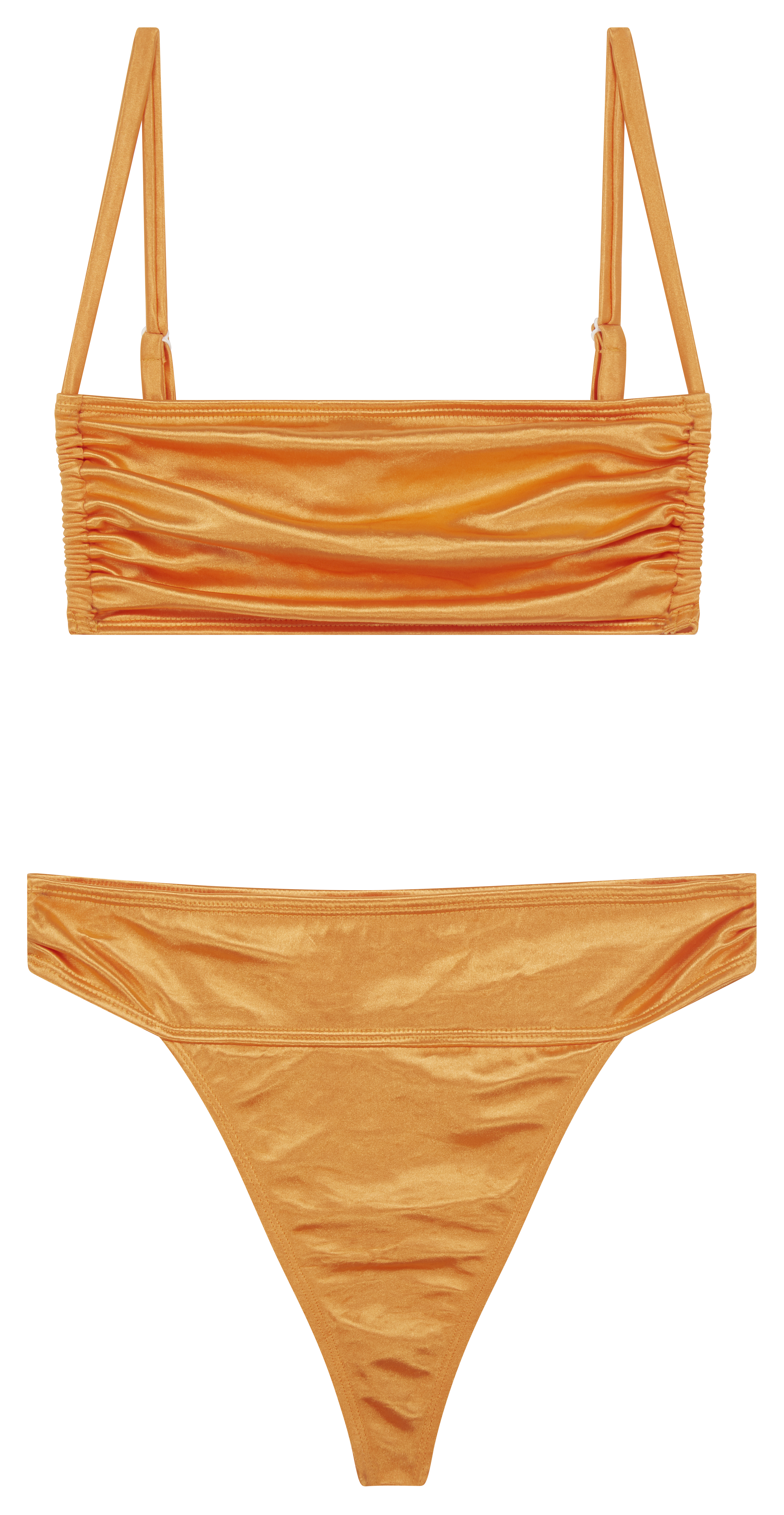 Pleated bikini with orange mirror effect satin square neckline