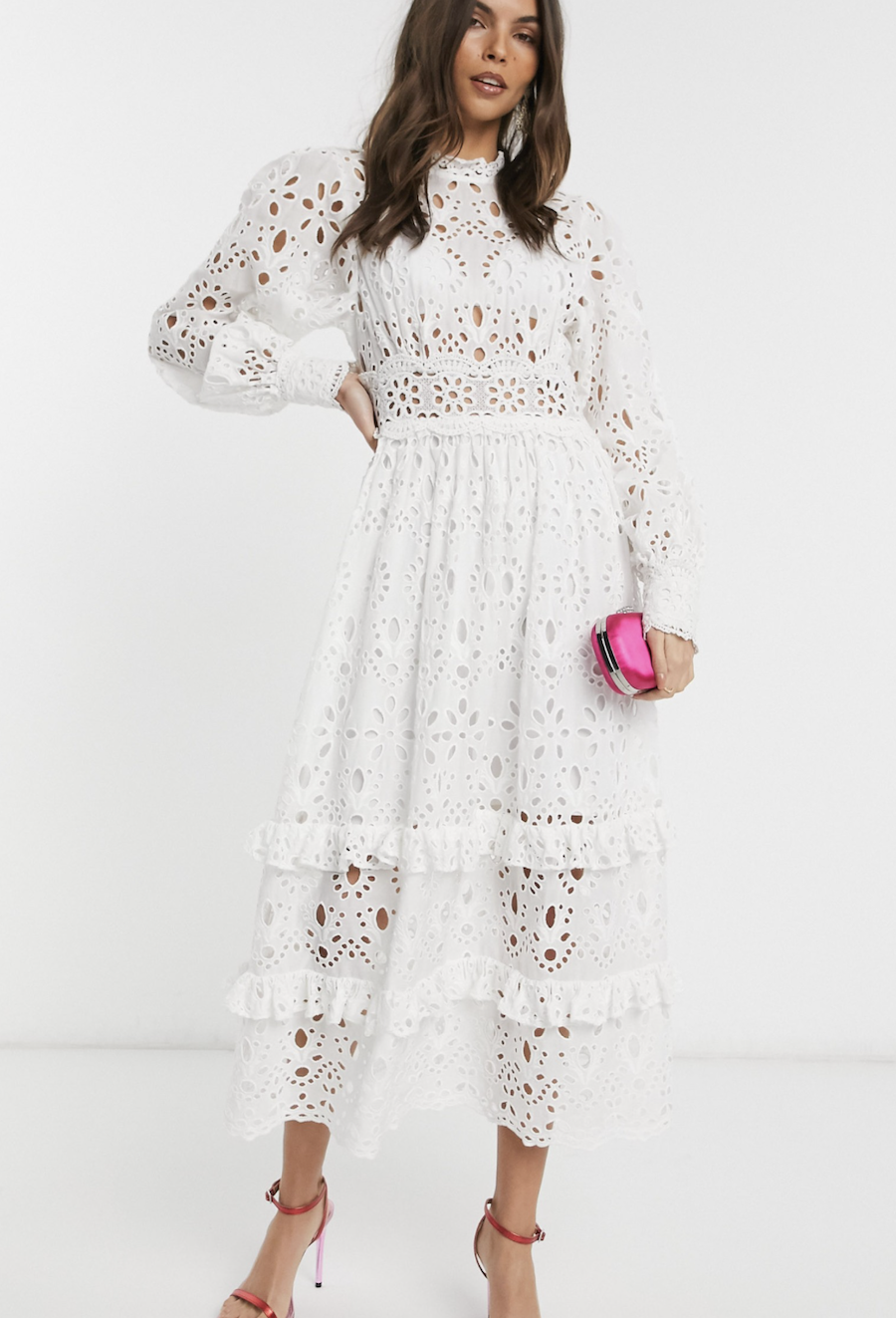 Midi embroidered dress with puffed sleeves by ASOS DESIGN