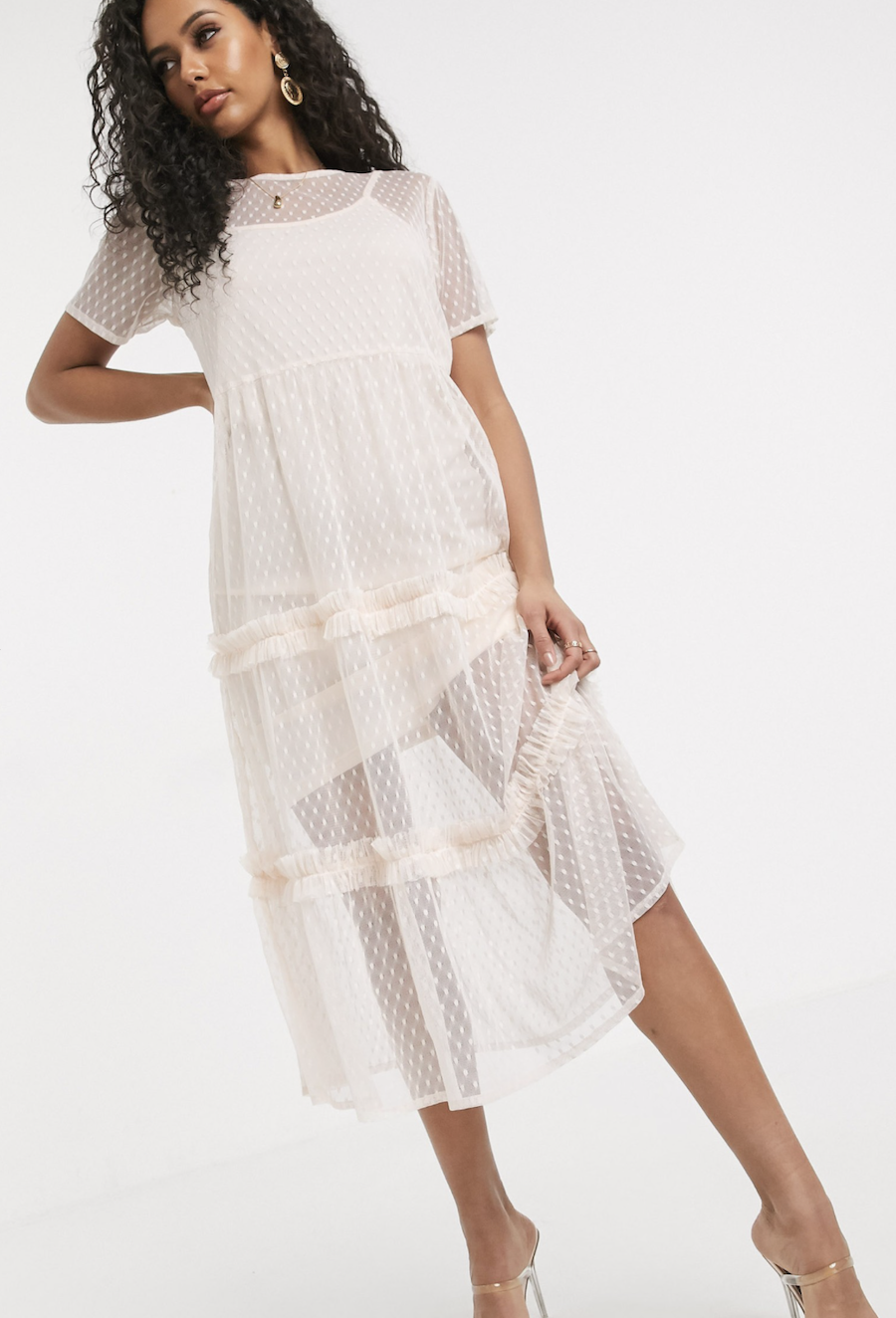 Midi dress with layers of plumeti mesh in beige by Boohoo