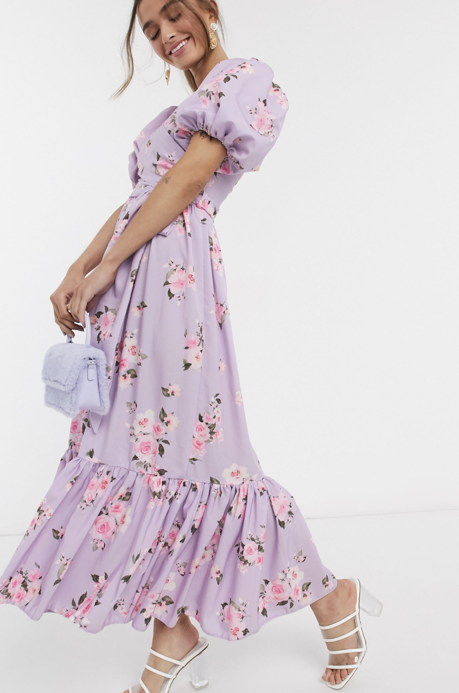 Midi puffed-sleeve dress with crossover design and ruffle bottom in lilac floral print exclusive to John Zack Petite