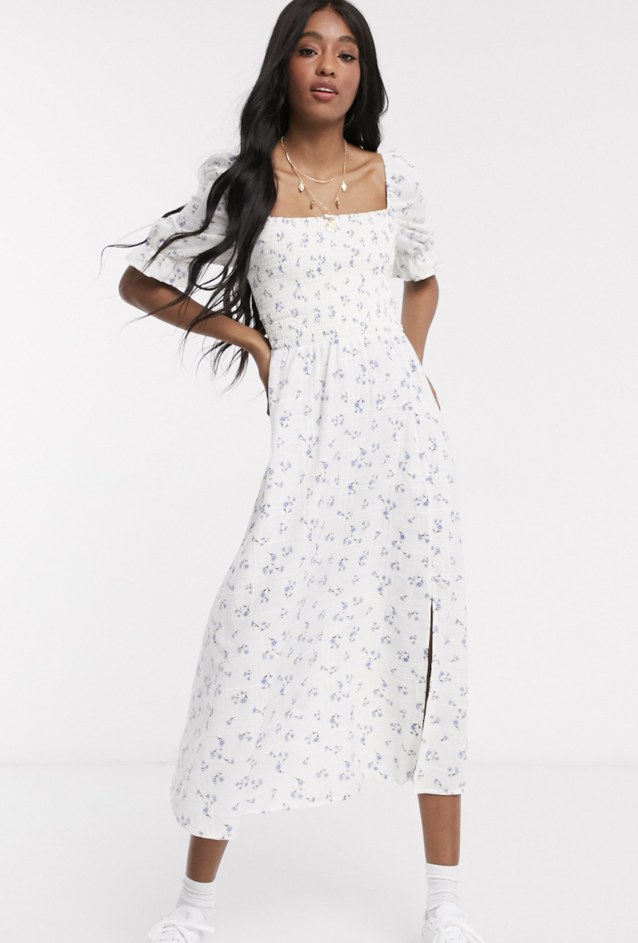 Midi dress with gathered top and puffed checkered sleeves by New Look