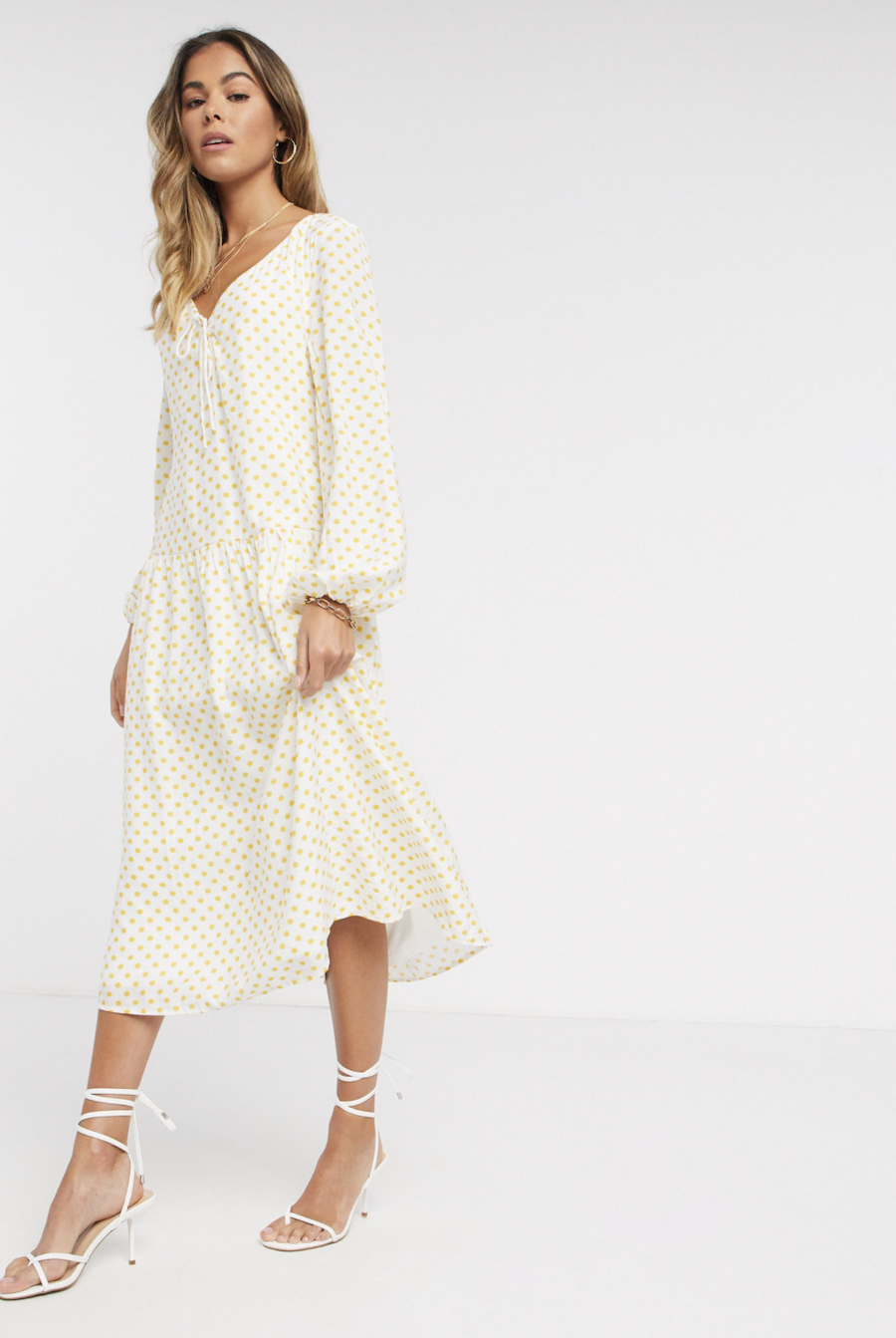 Polka-dotted balloon style midi dress in Vila yellow