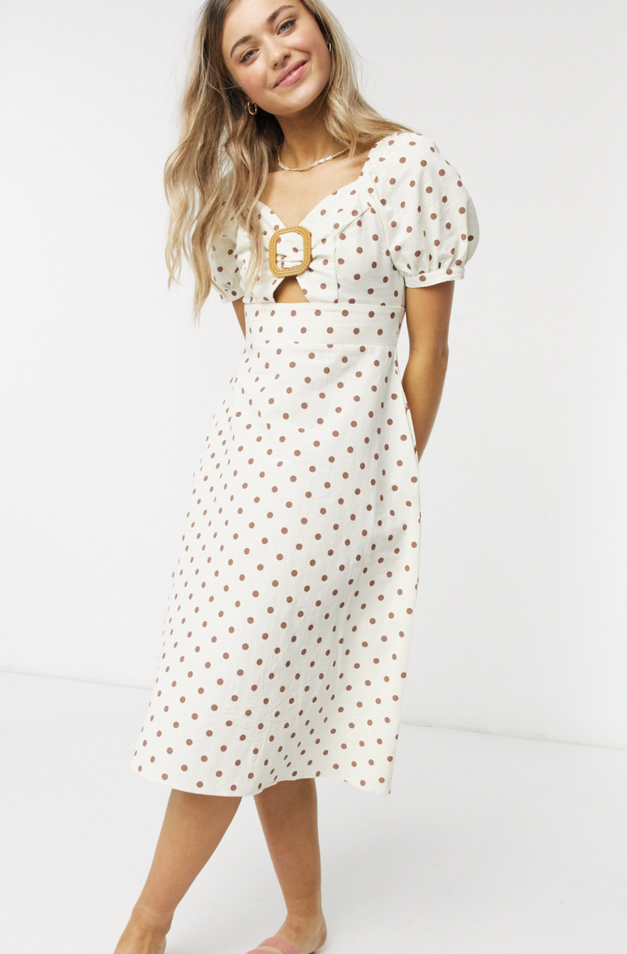 Midi dress with buckle front and polka-dotted sleeves by QED London