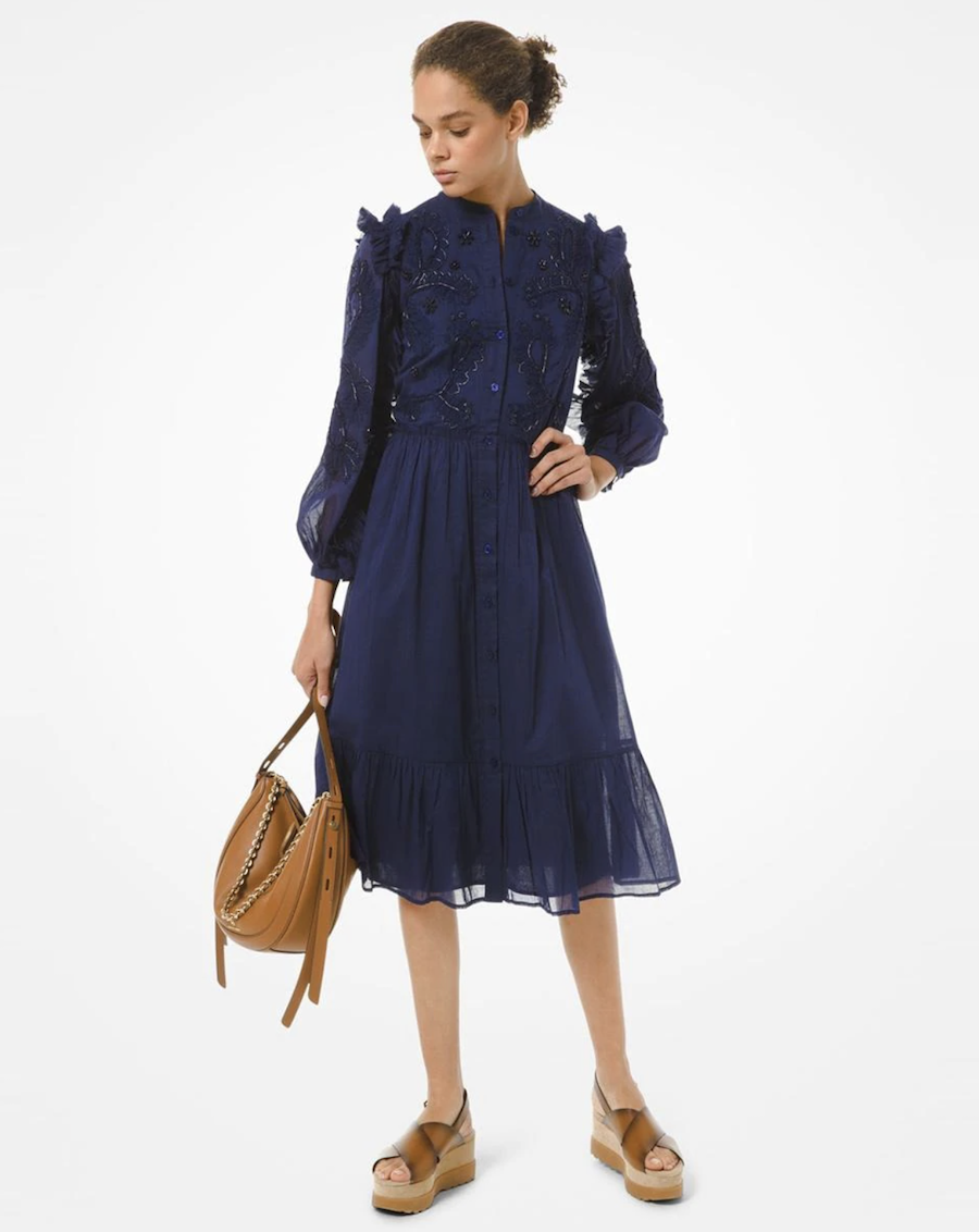 Midi cotton shirt dress with decorations