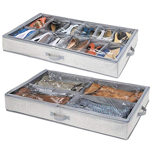 mDesign Set of 2 Underbench Boxes - 2 Shoe Organizers, one with 4 boot divisions - Zippered Shoe Rack - Space Saver - Grey