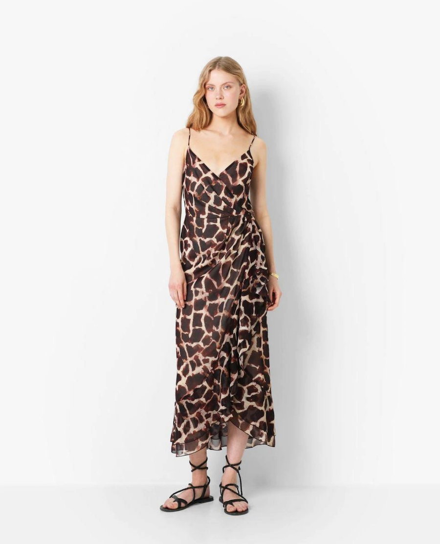 Long cross-cut dress with thin straps and animal print