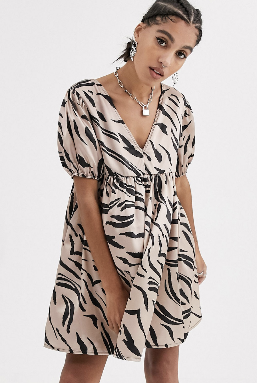 Wide V-neck dress with abstract zebra satin design by Another Reason