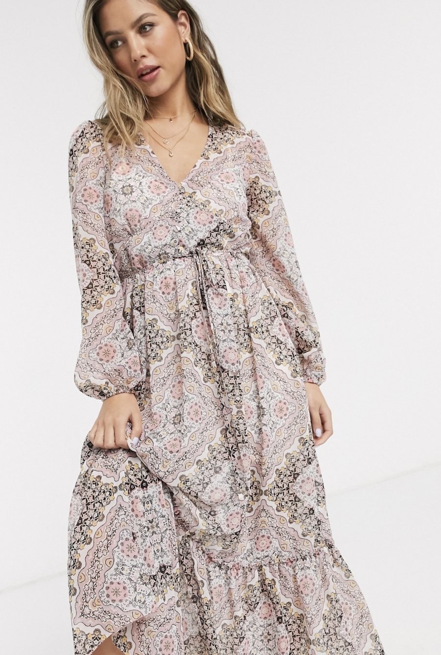 Miss Selfridge pink cashmere print v-neck puffed sleeve midi dress