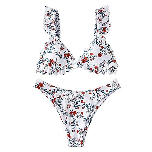 ZAFUL - High cut women's frilly bikini with flowers, two piece bikini White M