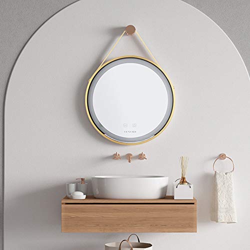 LUVODI 50 x 50 cm Round Bathroom Mirror with LED Lighting Wall Mirror with Gold Aluminium Frame with Anti-Fog Function and Touch-Switch for Bathroom and Bedroom