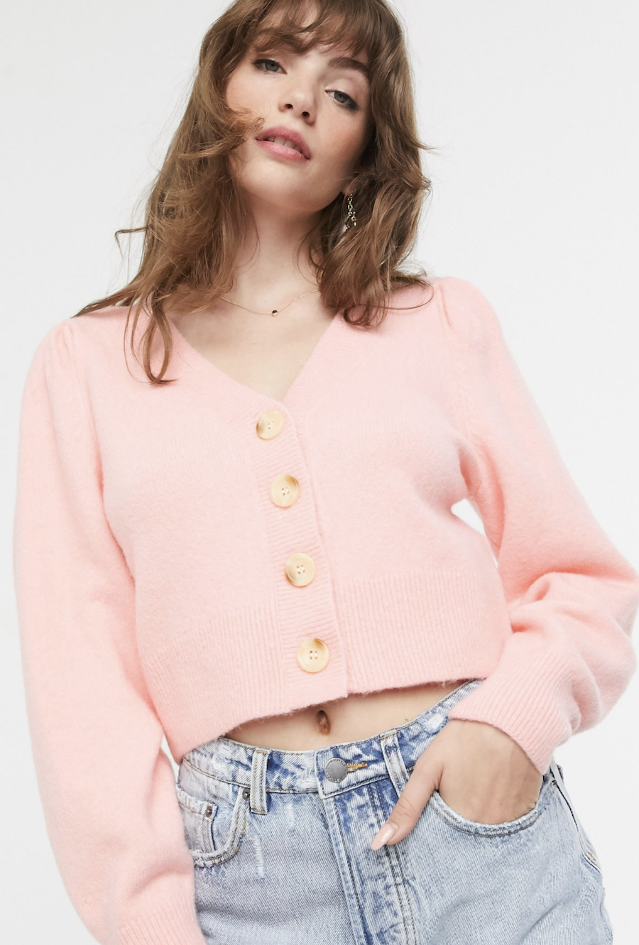 Puffed Shoulder Cardigan in Pink & Other Stories