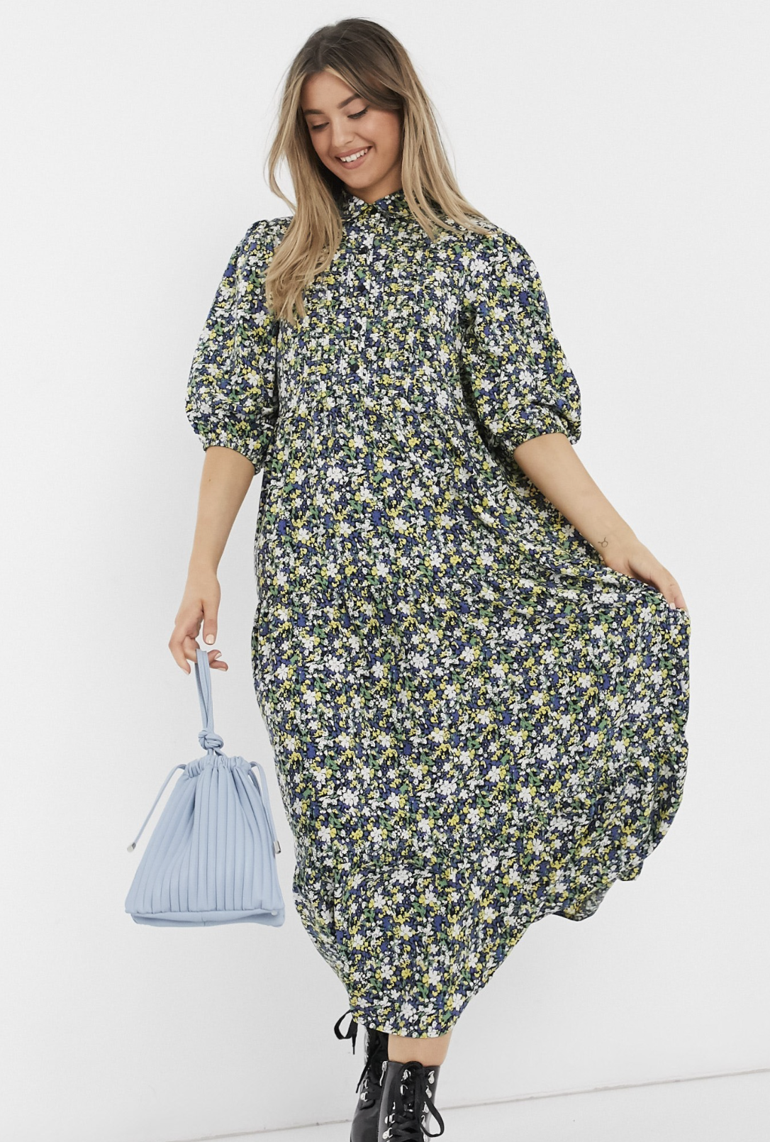 Step-up shirt dress with folds and flower print by ASOS DESIGN