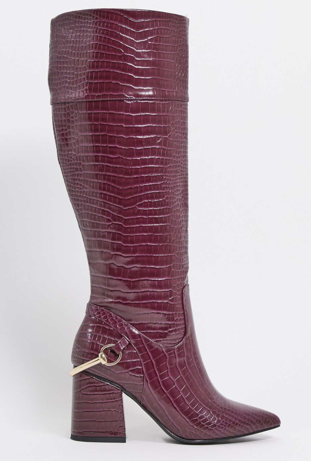 High block heel boots with violet crocodile design Collins by ASOS DESIGN