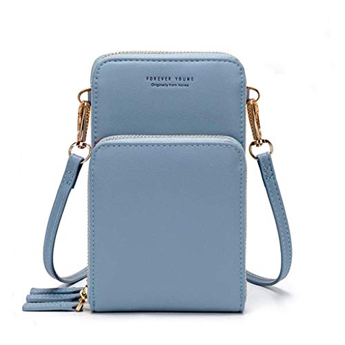 Women's Mobile Phone Handbag Crossed Wallet Mini Cell Phone Handbag Light Leather Crossed Wallet with Strap Card Slots(Light Blue)