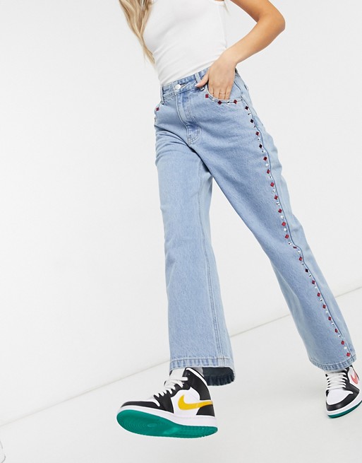 Straight jeans with vintage Milk It rhinestone trim.