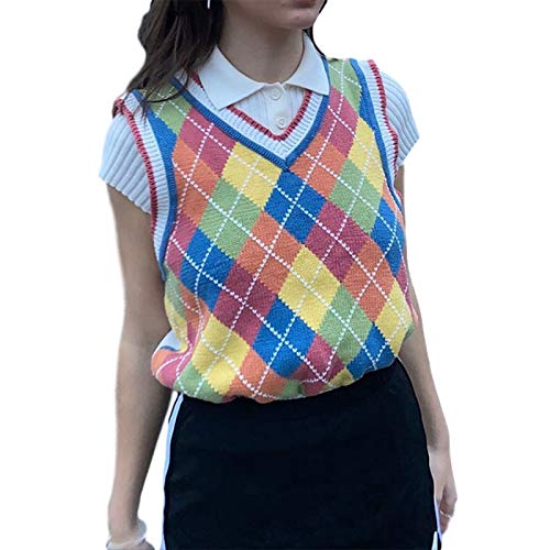 Women Streetwear Preppy Style Knitwear Knitwear Tank Top V-Neck Argyle Plaid Sweater Vest - - One Size.