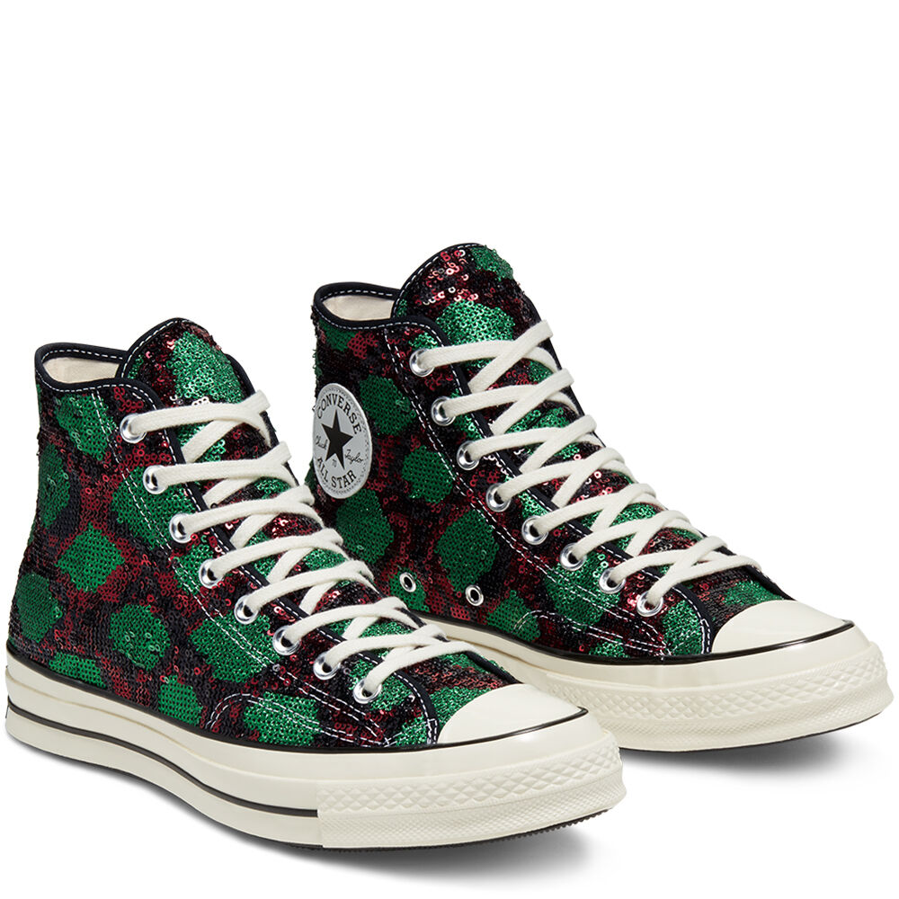 Graphic snakeskin pattern with colorful sequins brings out the wild side of the Chuck 70s.